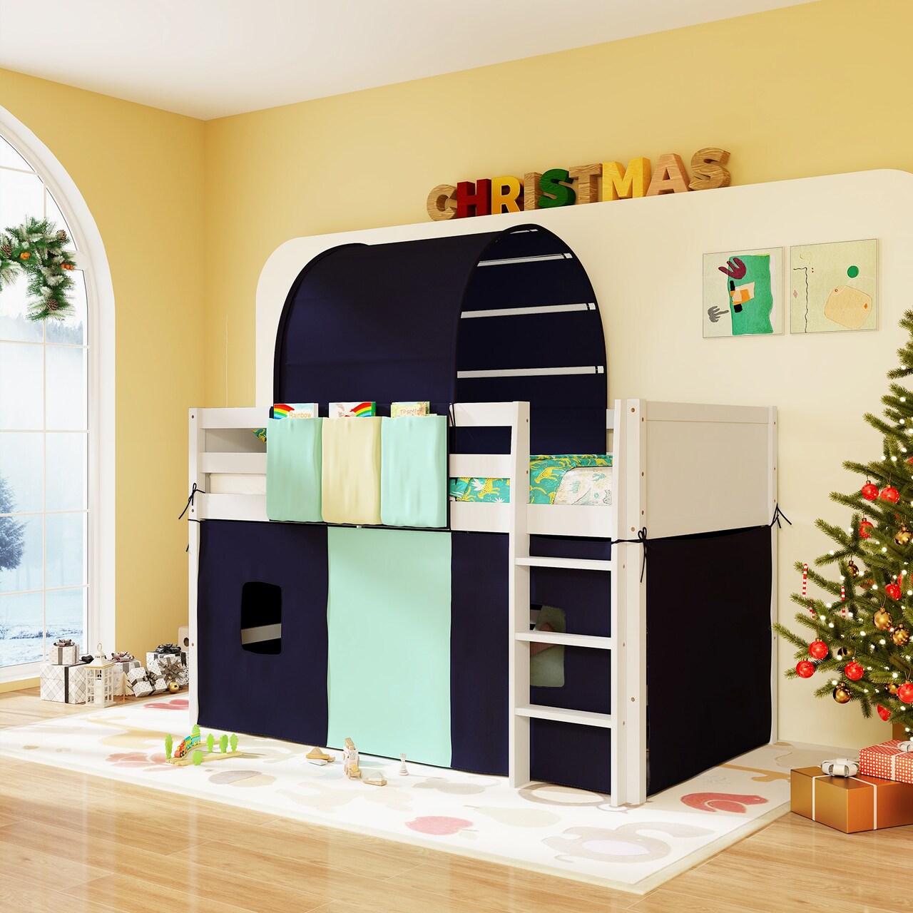 Twin Size Playhouse Loft Bed Frame with Tower Tent and 3 Storage Pockets for Kids